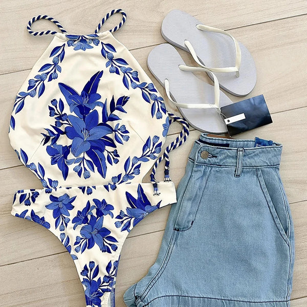 One Piece Swimsuit For Women 2024 New Vintage Retro Swimwear Print Swimsuit Halter Beachwear Sexy Monokini Female Bathing Suit
