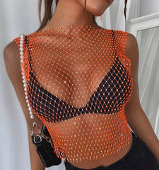 Leqoel Sexy Mesh Crop Tops for Women 2022 Summer Rhinestones Fashion Party See Through Fishnet Tank Hollow Out Backless Top New
