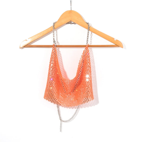 Leqoel Rhinestone Tops for Women 2022 Fashion Sleeveless Halter Hollow Out Shiny Metal Cropped Mesh Tank Sexy Backless Top