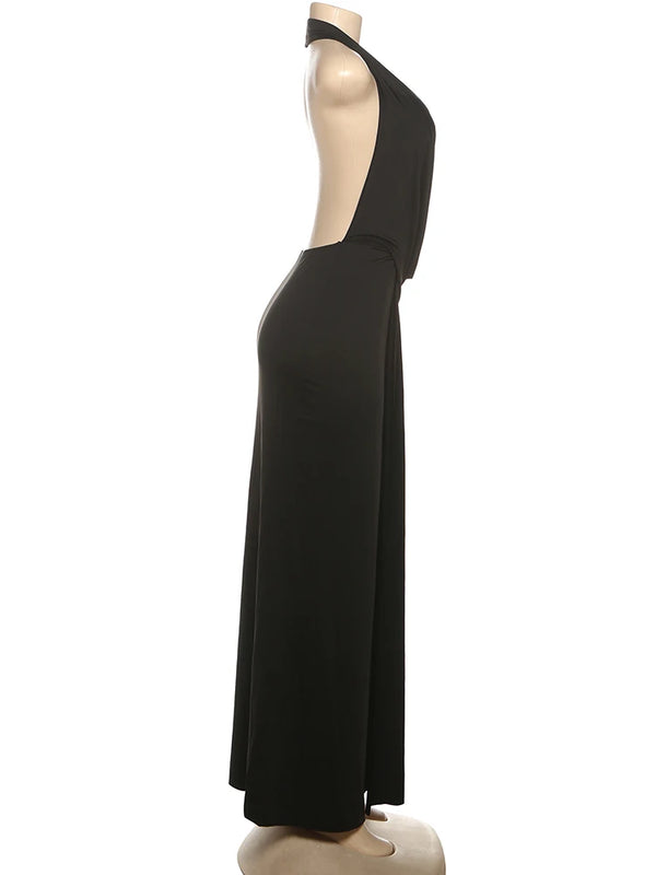Annalisa Plunge Halter Ruched Backless High-Slit Maxi Dress