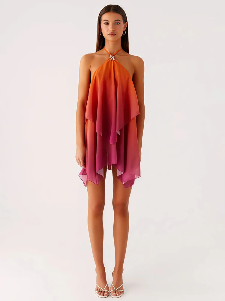 Yara Gradient Mesh Halter Mini Dress