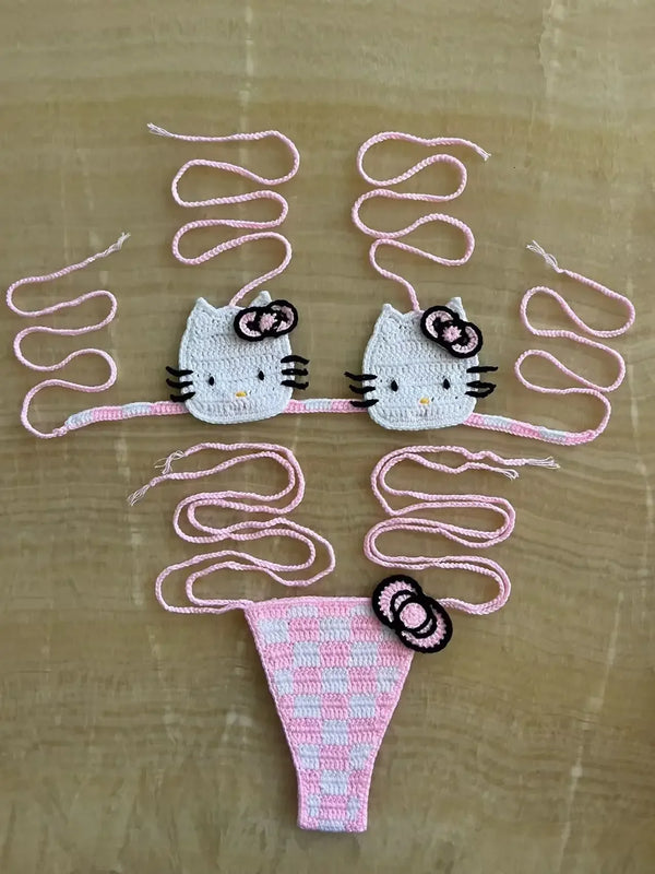 Sanrio Crochet Bikini Set Cute Girls Swimsuits Hello Kitty Sexy Bathing Suit Micro Ties Bikinis Beachwear Women Swimming Suit