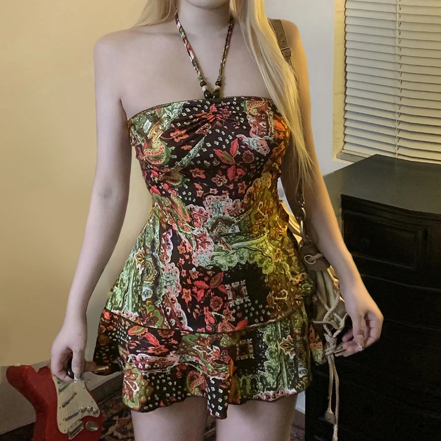 Luciana Printed Backless Halter Mini Dress