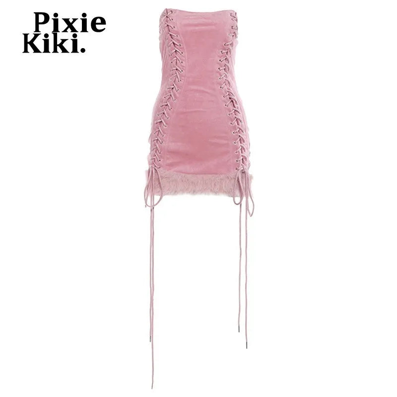 PixieKiki Faux Fur Trim Bandage Bodycon Dresses Clubwear Woman Rave Outfit Pink Strapless Backless Mini Dress P94-GC33