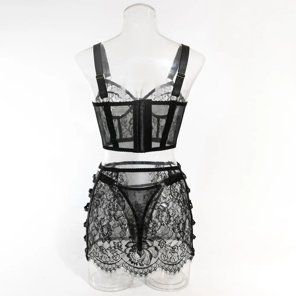 Severine Lace Longline Bra & Buckle-Strap Mini Skirt Lingerie Set Main image