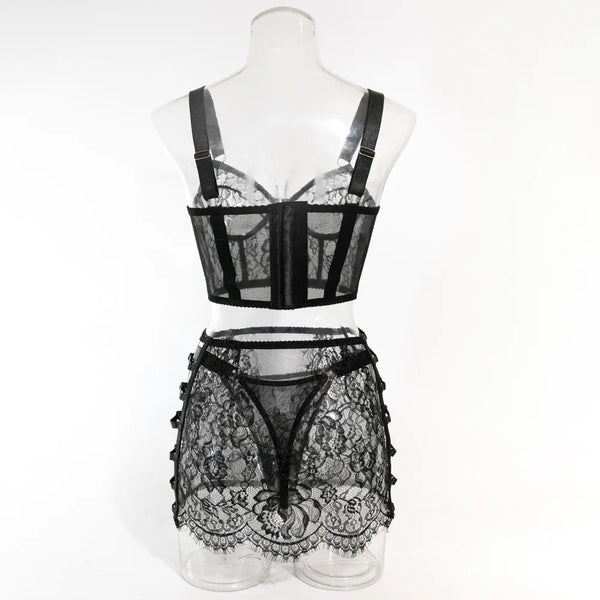 Severine Lace Longline Bra & Buckle-Strap Mini Skirt Lingerie Set