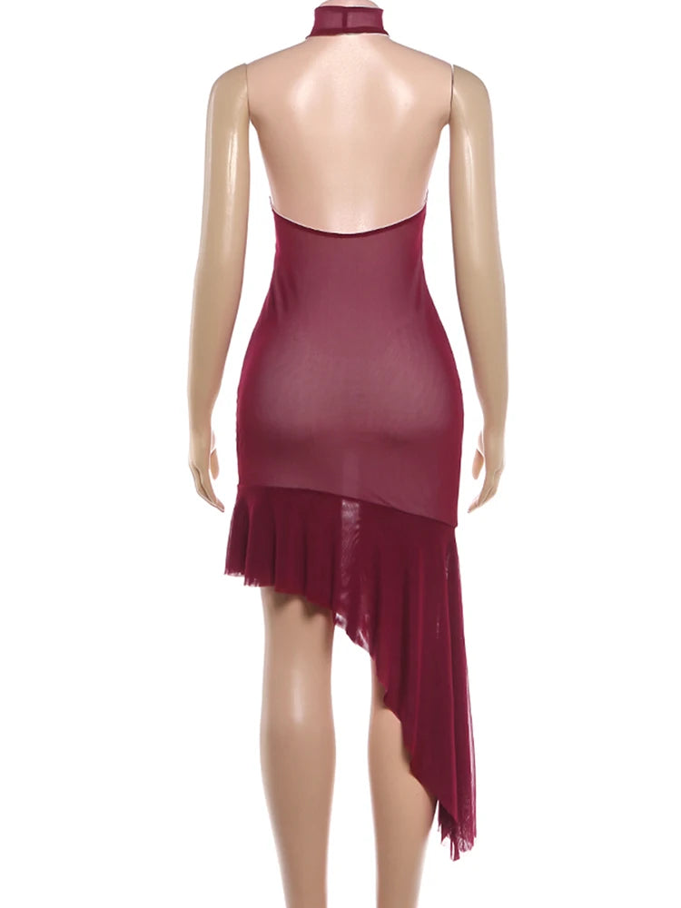 Kliou Sexy Backless Dress Woman Mesh Patchwork Turtleneck Sleeveless Irregular Ruffles Hem Midnight Club Party Fashion Vestidos