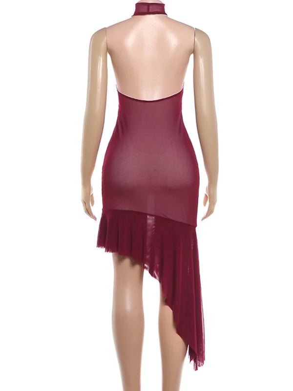 Kliou Sexy Backless Dress Woman Mesh Patchwork Turtleneck Sleeveless Irregular Ruffles Hem Midnight Club Party Fashion Vestidos