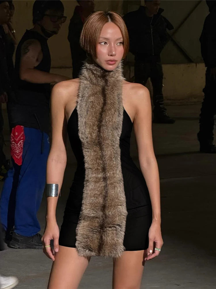 Weird Puss Fluff Patchwork Dress Women Halter Turtleneck Off Shoulder Backless Skinny Peach Hip Hottie High Street Style Bodycon Secondary image
