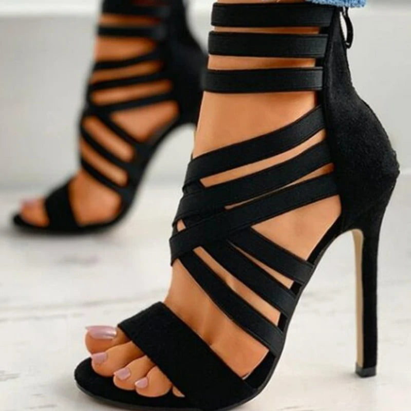 Women's Sandals Elastic Band Cross High Heels Sexy Peep Toe Pumps Summer New Back Zipper Sandals Black Pointed Toe Women Shoes