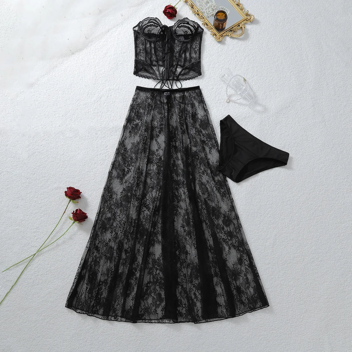 Bellatrix Sheer Lace Corset Pants Set Three-piece