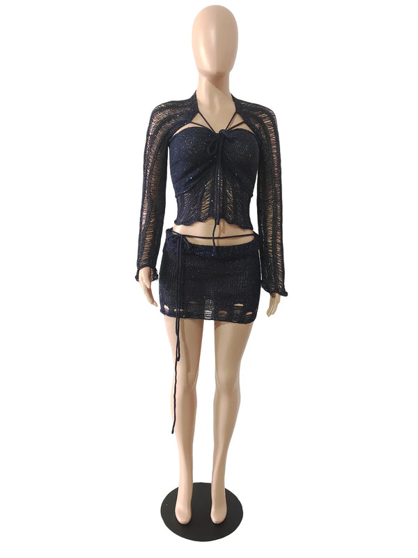 Marisela Sequin Crochet Knit Tie-Front Crop Top & Mini Skirt Two-piece