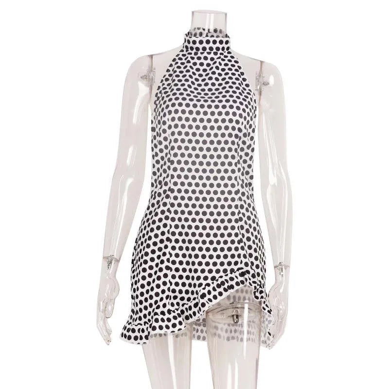 Hester Polka Dot Mock Neck Halter Backless Ruffle Mini Dress