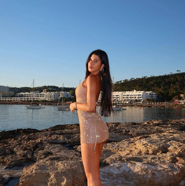 Karina Rhinestone Fishnet Halter Mini Dress