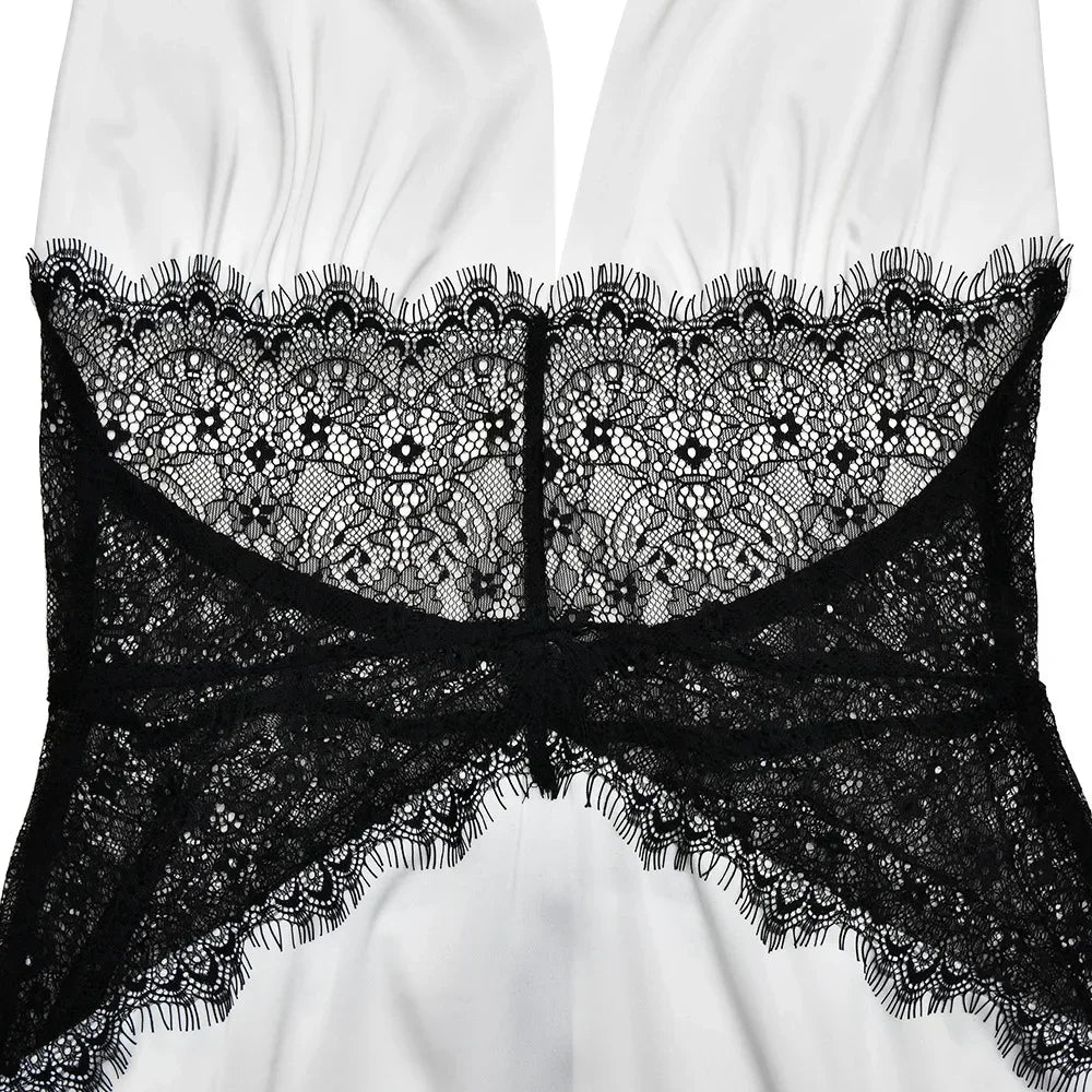 Pervinca Lace-Panel Satin Plunge Halter Backless Maxi Dress