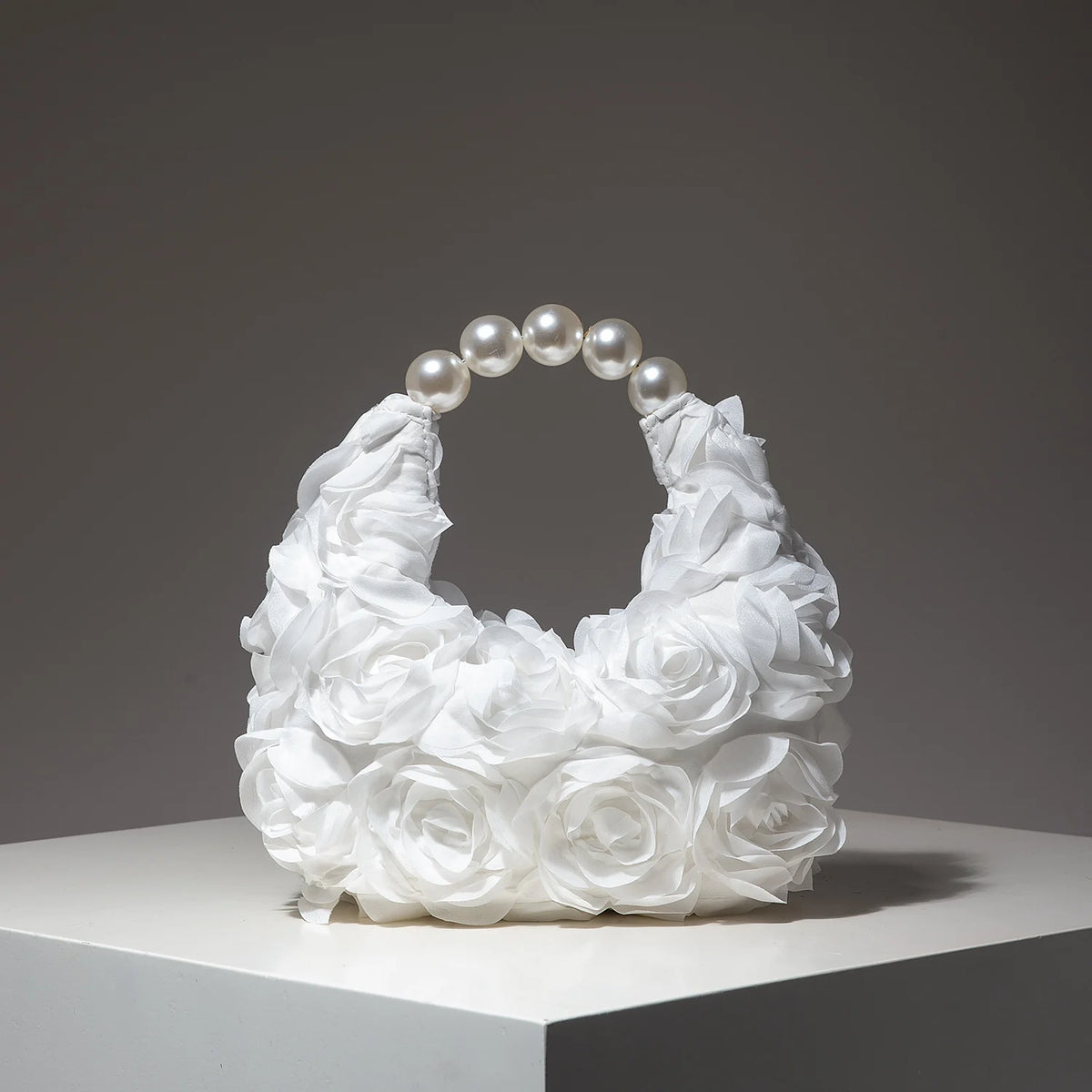 Rosalind Satin Rosette Pearl-Handle Half-Moon Evening Bag
