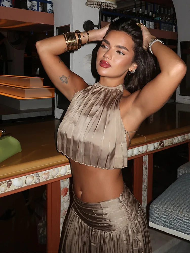 Pilar Lace-Up Halter Crop Top & Pleated Maxi Skirt Two-piece