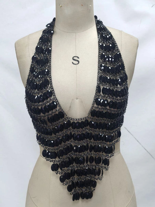 Lumiere Rhinestone Metal Halter Crop Top