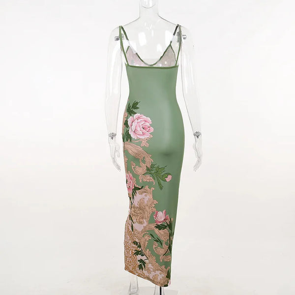 Adalgisa Floral Print V-Neck Cami Backless Bodycon Maxi Dress