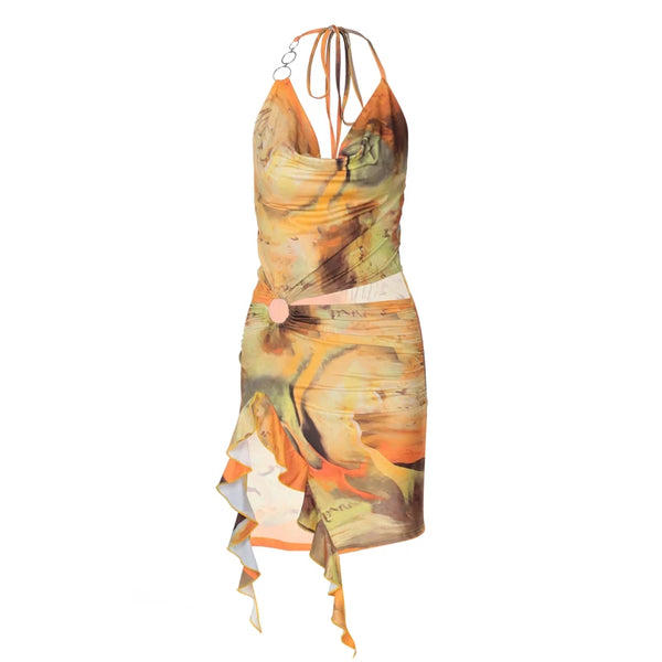 Eliana Scenery-Print Halter Ruffle Mini Dress