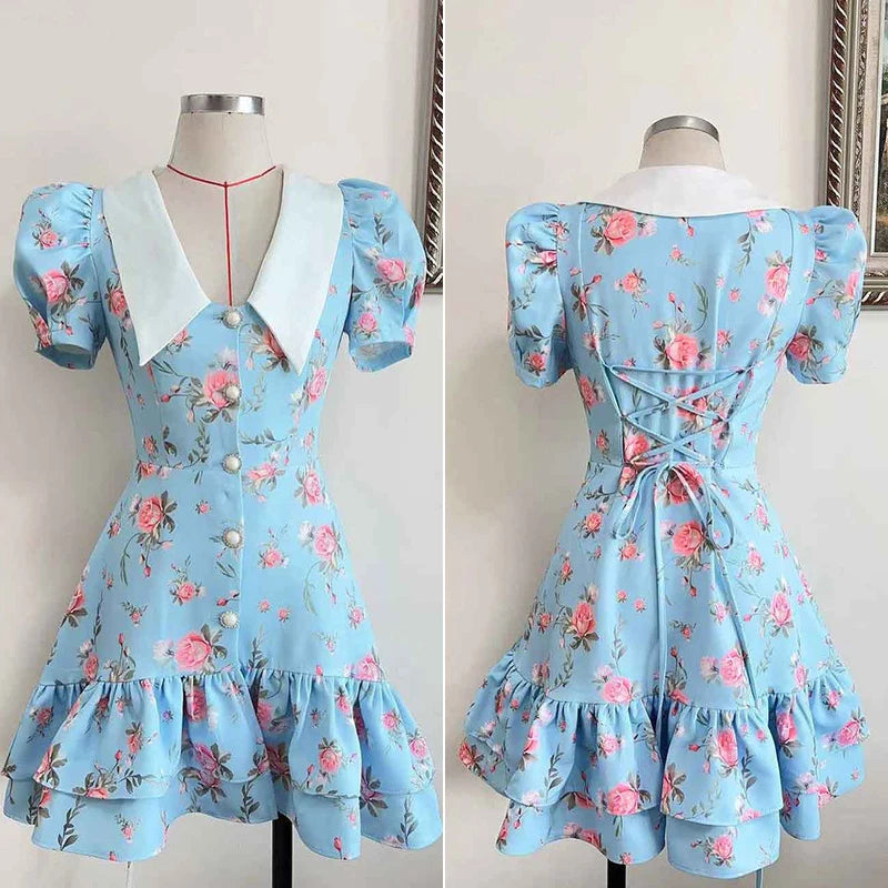 Gisella Floral Collared Puff-Sleeve Pearl-Button Ruffle Mini Dress