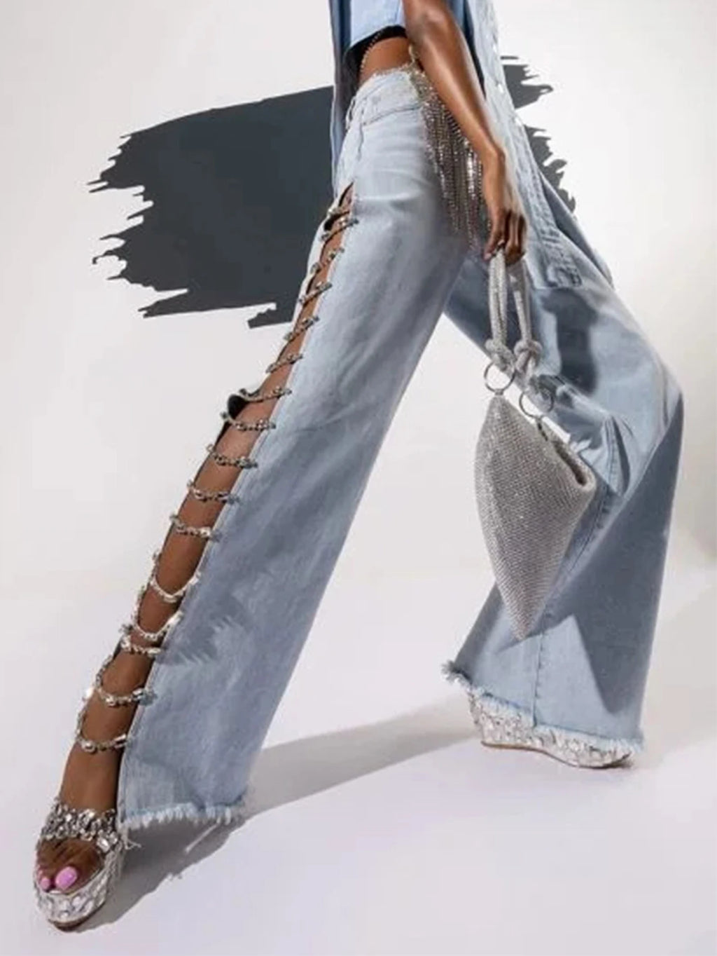 Jessamine Rhinestone Cutout Wide-Leg Jeans One-piece