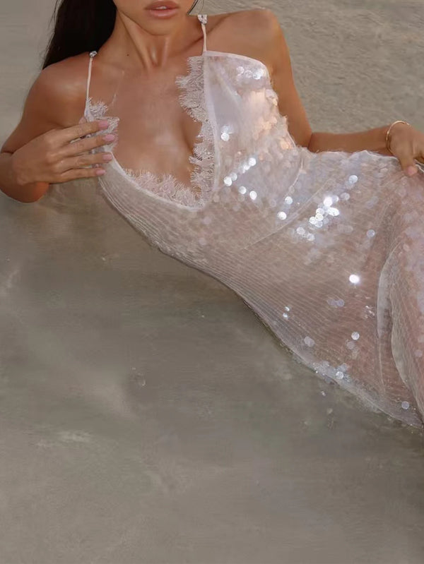 Florentina White Sequin Backless Slip Maxi Dress