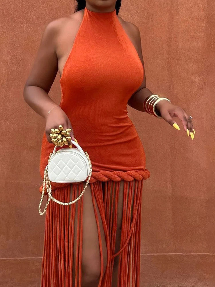 Renata Tassel Halter Backless Maxi Dress