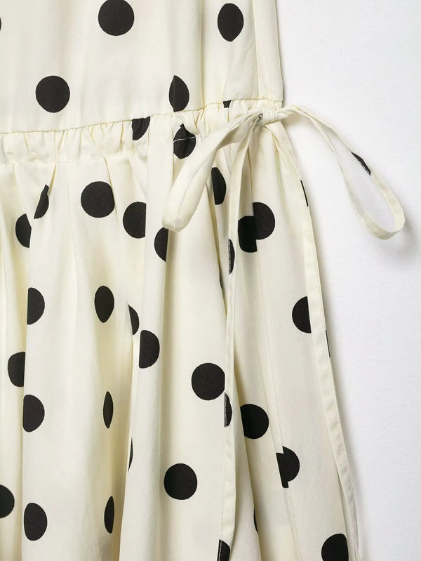 Women's Vintage Polka Dot Asymmetrical Hem Skirt White Black High Waist Drawstring Flowy Casual Midi Skirt Streetwear