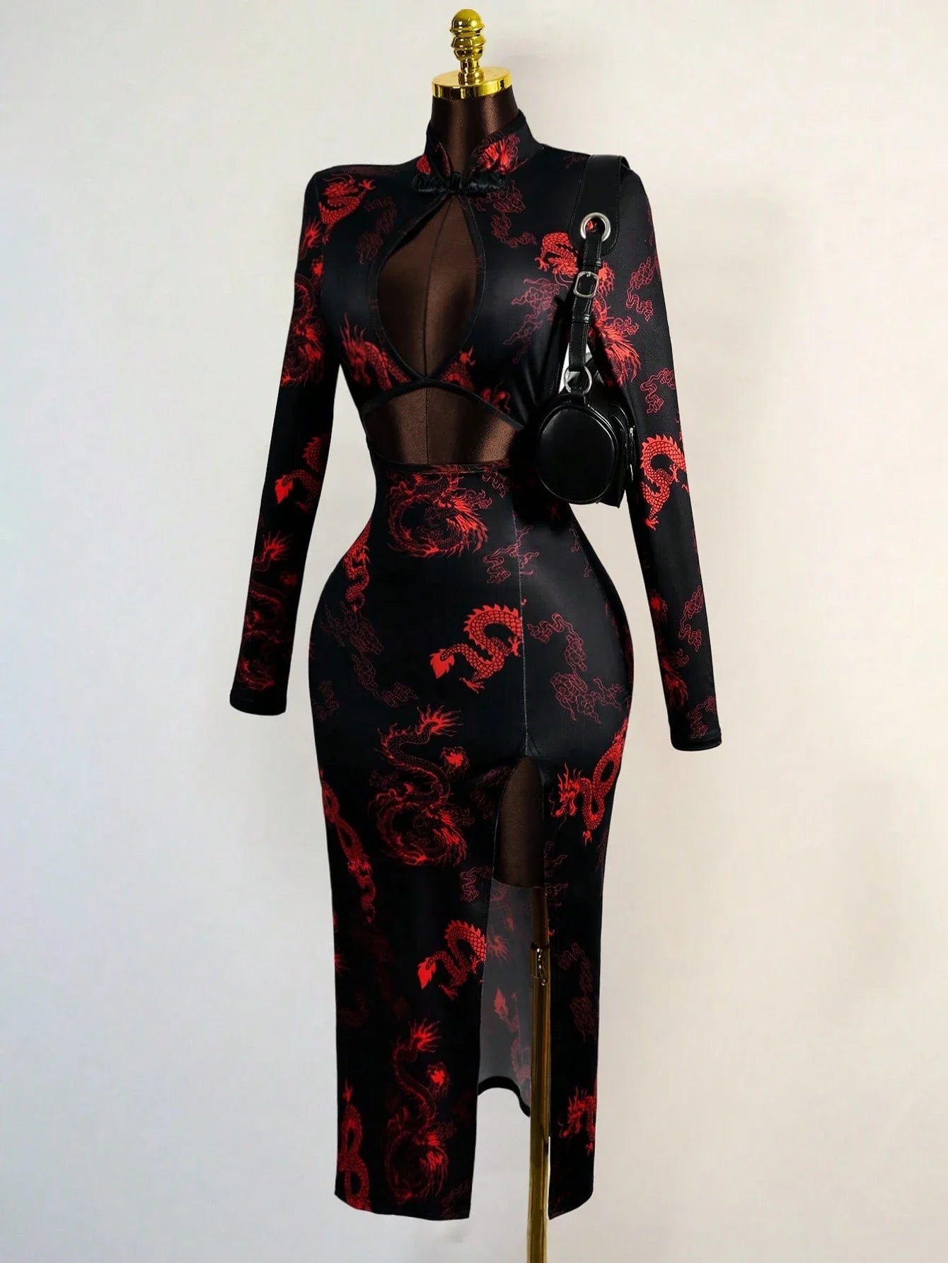 Lian Dragon-Print Keyhole Qipao Maxi Dress