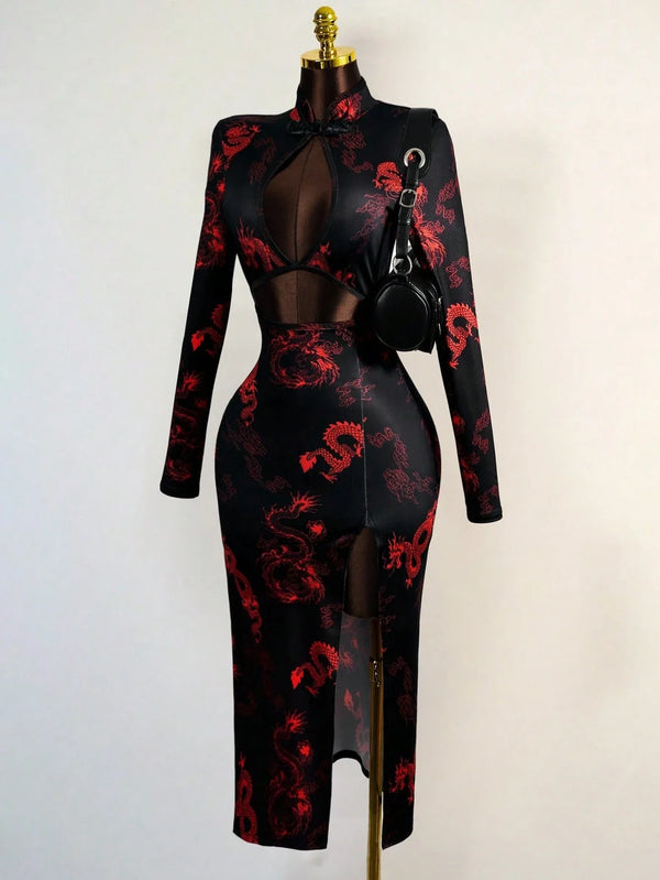 Lian Dragon-Print Keyhole Qipao Maxi Dress