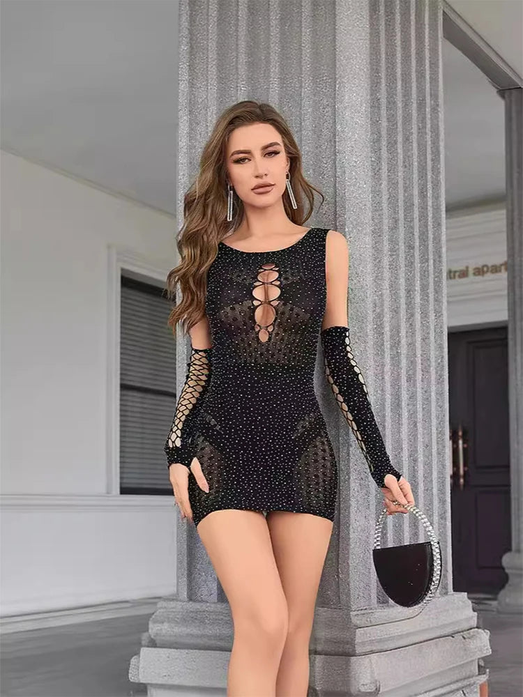 Kira Rhinestone Mini Dress & Gloves Set