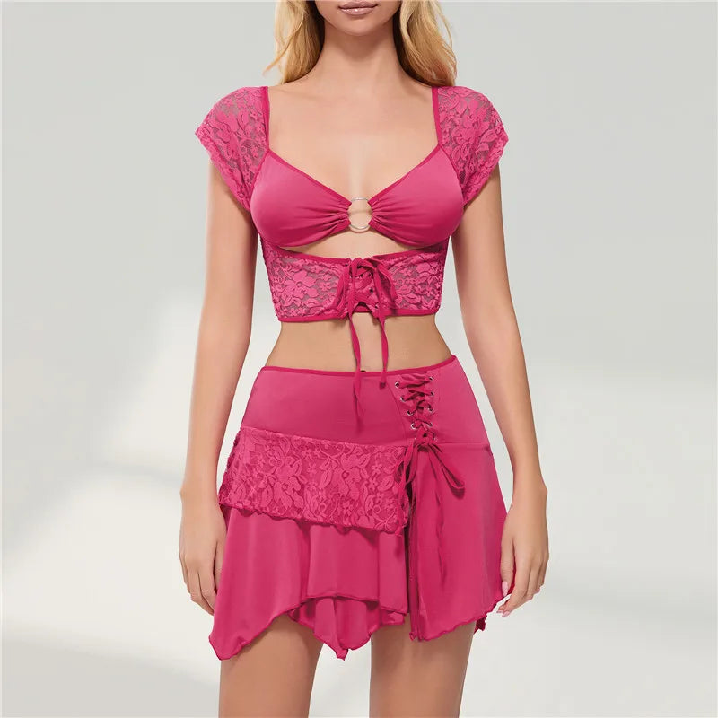 hirigin Women Lace Patchwork Skirt Sets 2Pcs Suit Bandage Sexy Metal Ring Cami Tops + Asymmetric Ruched Mini Short Skirt Outfits