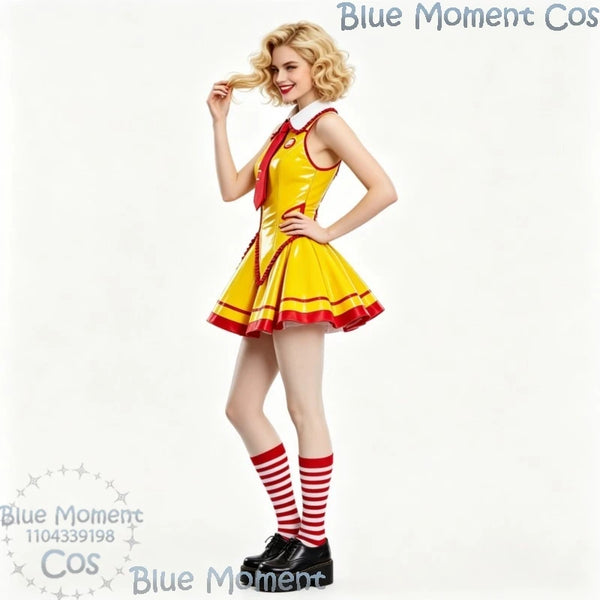 Ruby Red & Yellow Patent Server Cosplay Costume Set with Tie & Striped Socks