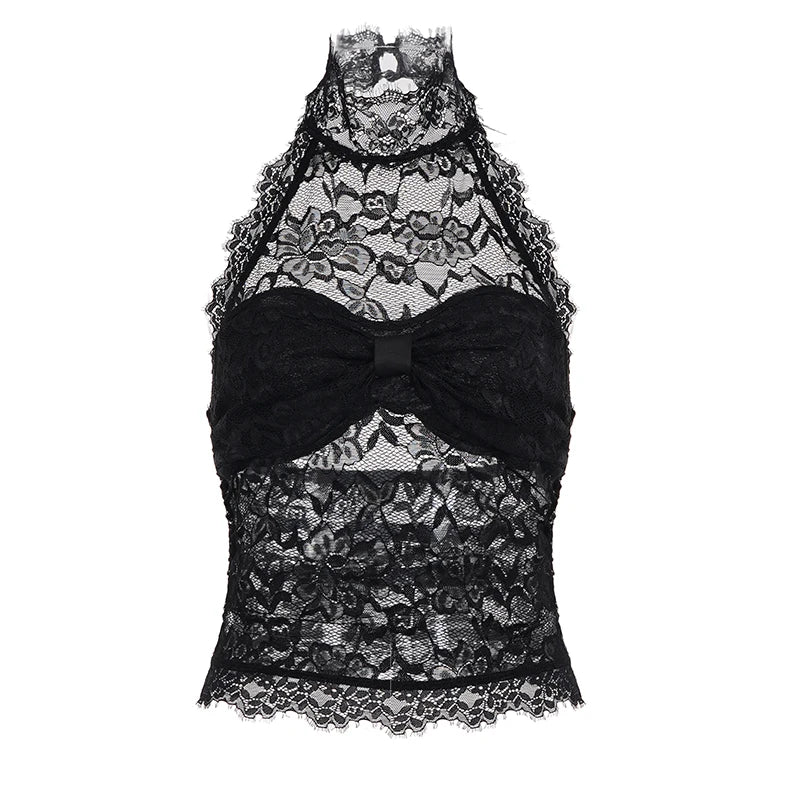 Selena Noir Lace Halter Mesh Top One-piece