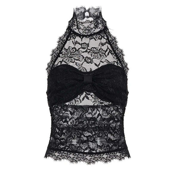 Selena Noir Lace Halter Mesh Top One-piece
