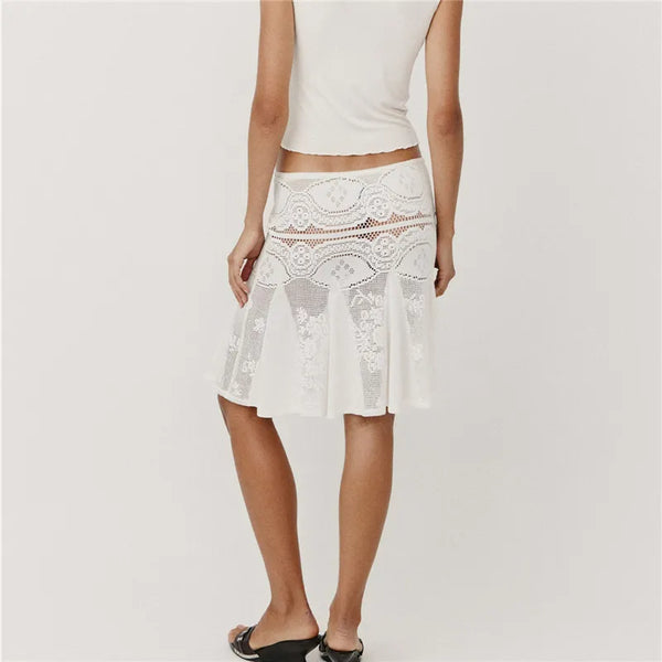 Ysabeau Y2K Crochet Lace Low-Rise Flared Midi Skirt One-piece