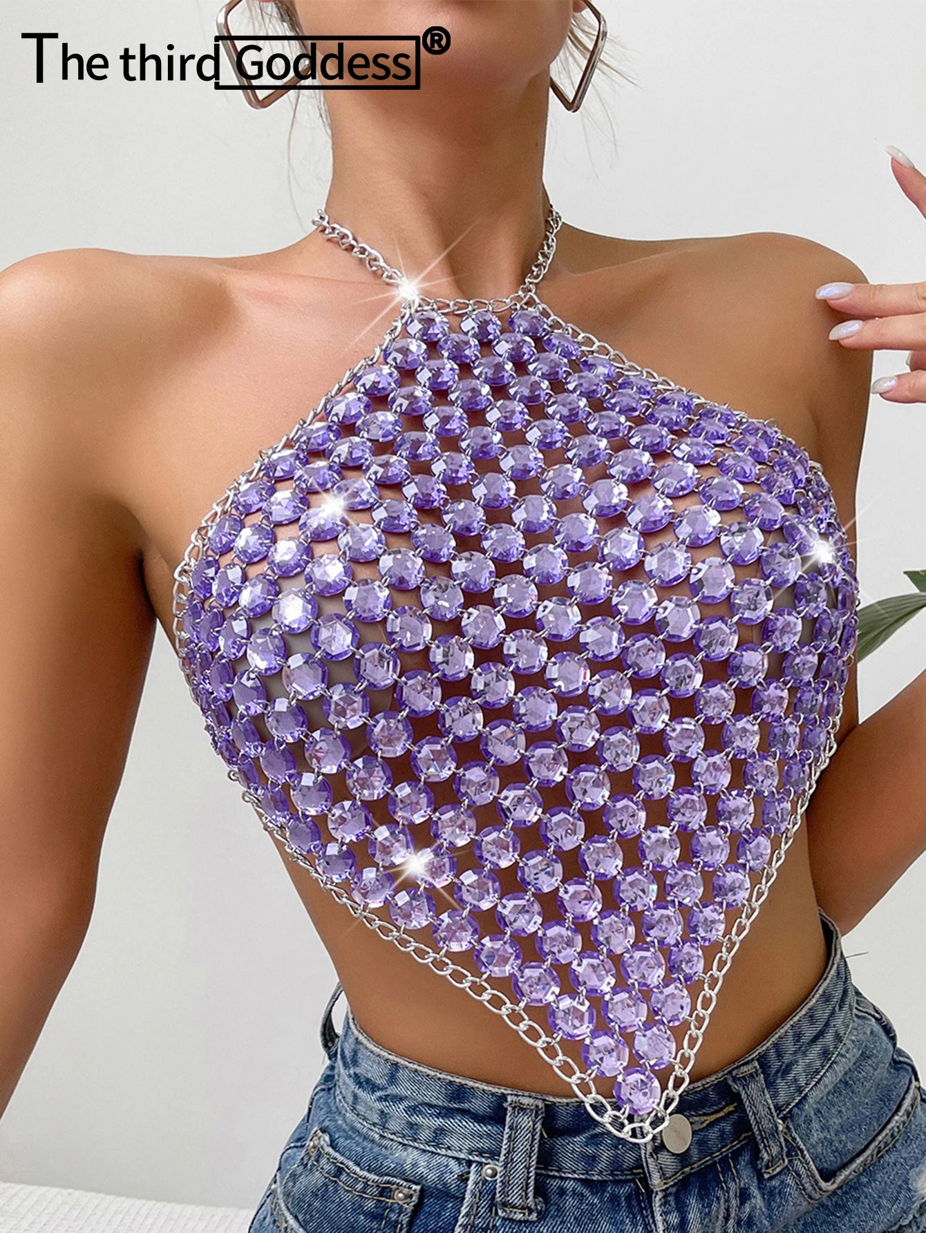 Araminta Sheer Metal Rhinestone Crop Top One-piece Main image