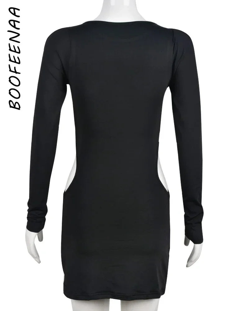 BOOFEENAA Hollow Out Long Sleeve Sexy Dress for Women Fall 2023 Fashion Black Mini Bodycon Dresses Club Wear C82-BH19