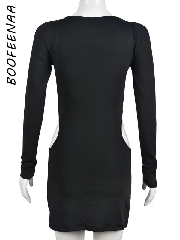 BOOFEENAA Hollow Out Long Sleeve Sexy Dress for Women Fall 2023 Fashion Black Mini Bodycon Dresses Club Wear C82-BH19