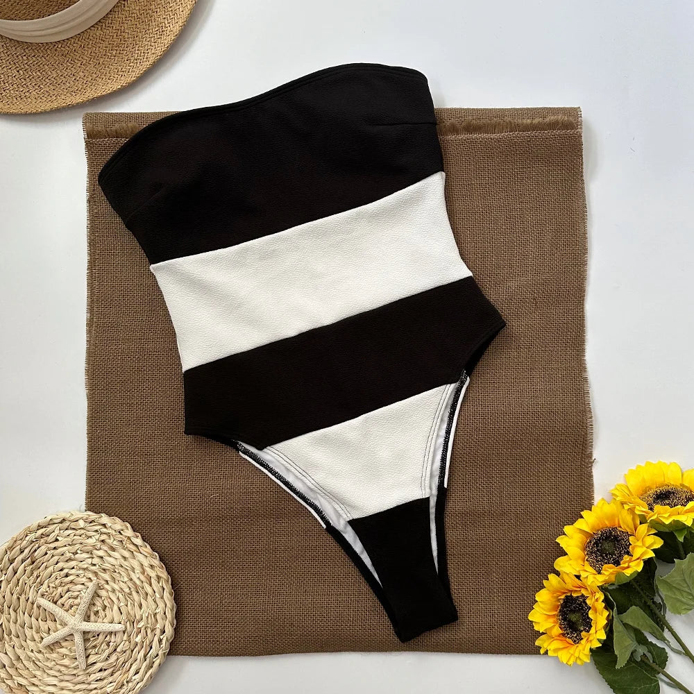 Sexy Stripe Strapless One Piece Swimsuit 2026 New Swimwear Women Swimsuit Bathing Suit Beachwear Monokini Female Swimming Suits