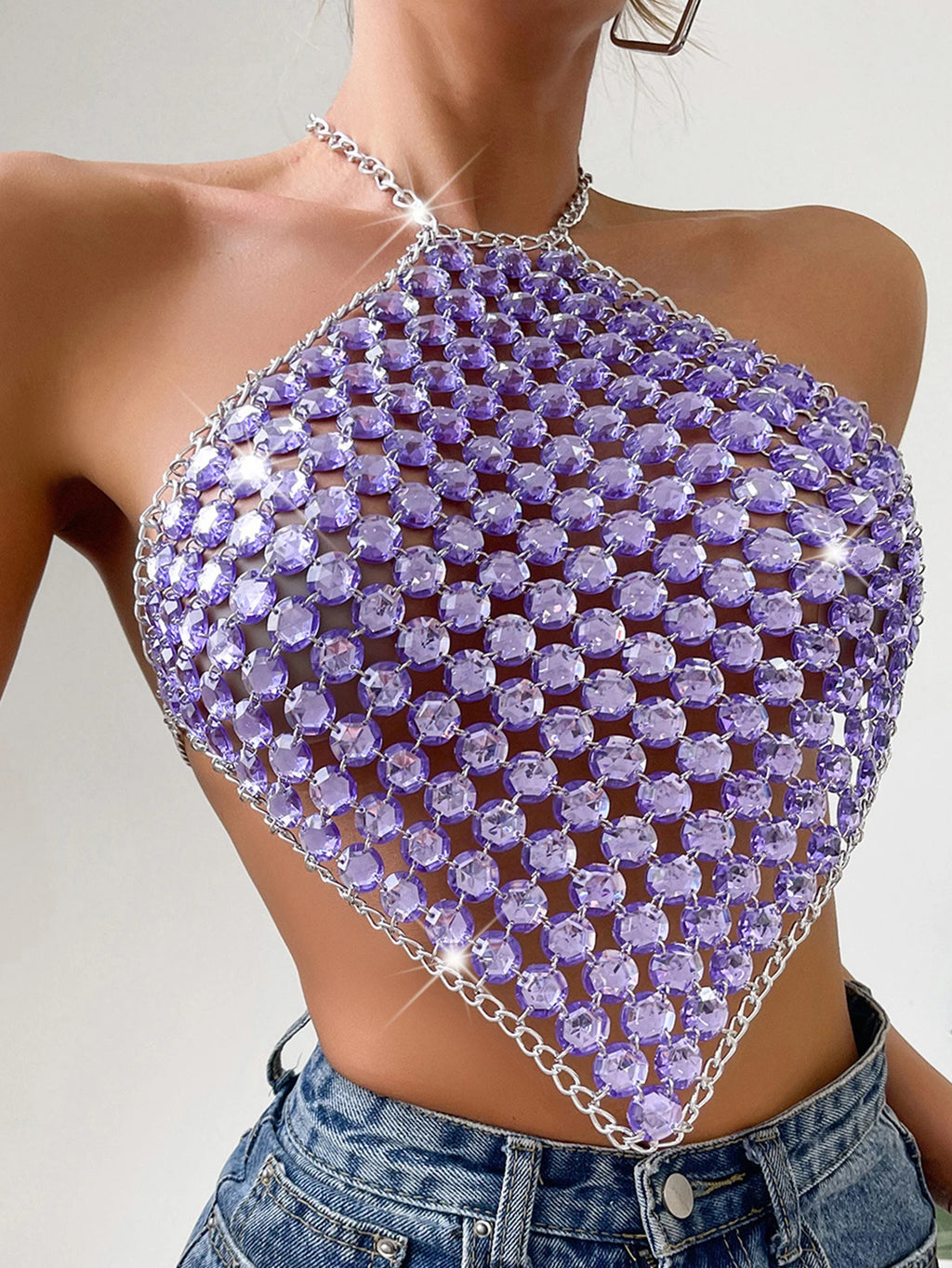Sexy see through metal rhinestone Crop top women 2026 summer y2k streetwear tank Tops Club beach party halter top rave outfits