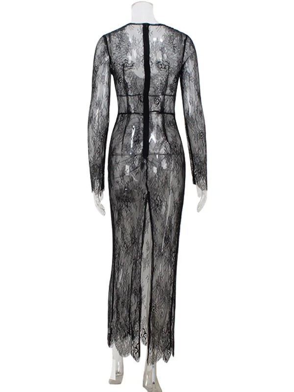 Ahagaga Sexy Club Dresses For Women Lace Solid Sheath Rehular Long Sleeves V-Neck Sheer Slim Fit Maxi Bodycon Female Vestidos