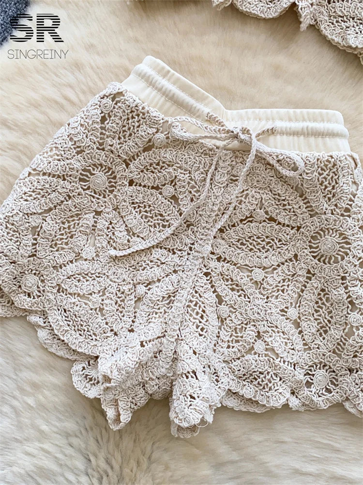 Florienne Crochet Floral Crop Top & Wide-Leg Shorts Two-piece