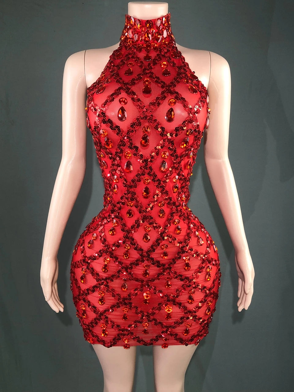 Elettra Rhinestone Sequin Lattice Sheer Mesh Mock-Neck Mini Dress