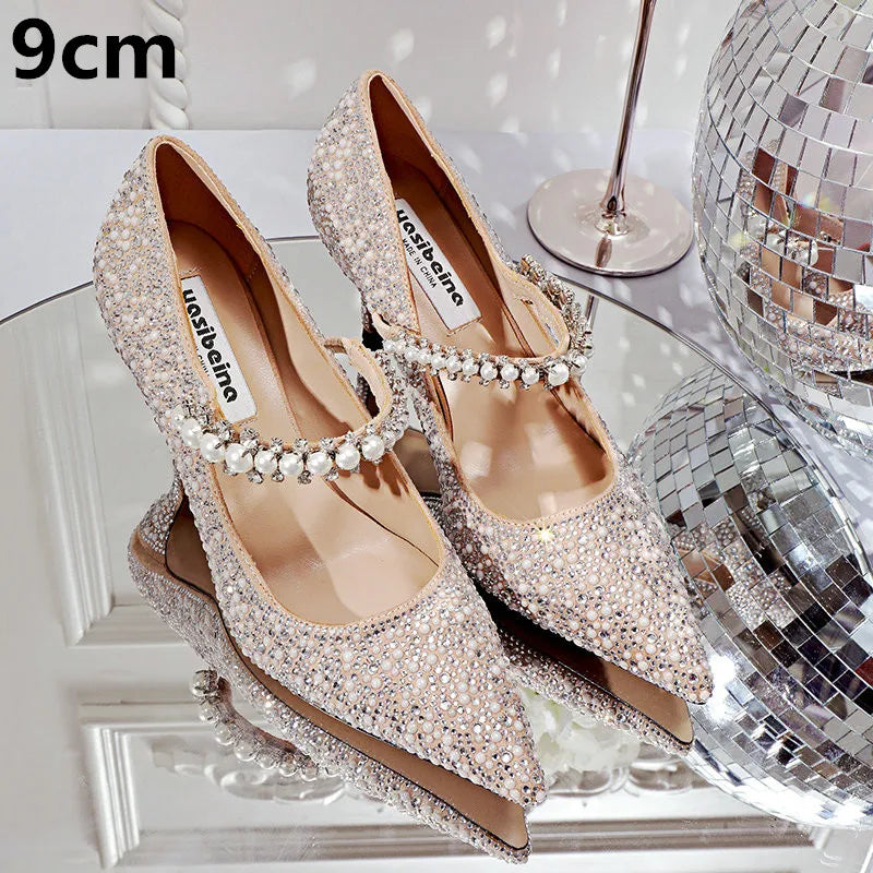 Hot Rhinestone Pointed High Heels New Single Shoes Women's Pumps Bridesmaid Rhinestone Crystal Pearl Retro Wedding Shoes