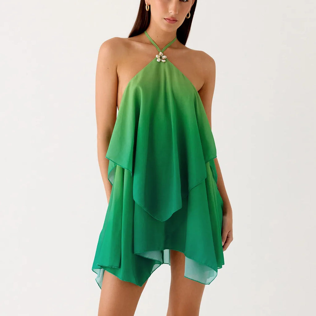 Lana Gradient Halter Tie-Up Ruffle Sleeveless Mini Dress