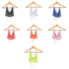 Leqoel Rhinestone Tops for Women 2022 Fashion Sleeveless Halter Hollow Out Shiny Metal Cropped Mesh Tank Sexy Backless Top