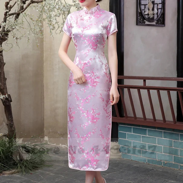 Feng Dragon-and-Phoenix Satin Qipao Maxi Dress