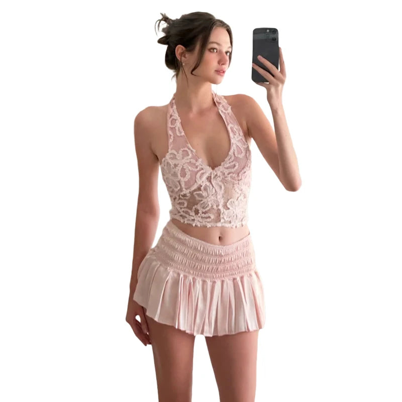 Sabina Lace Ruched Bandage Mini Skirt Set Two-piece